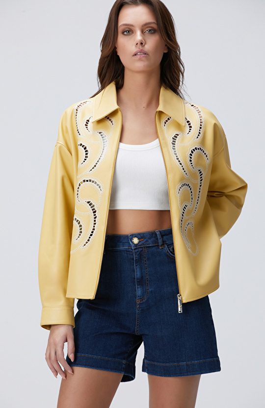 Limited Sarı Nakışlı Deri Mont