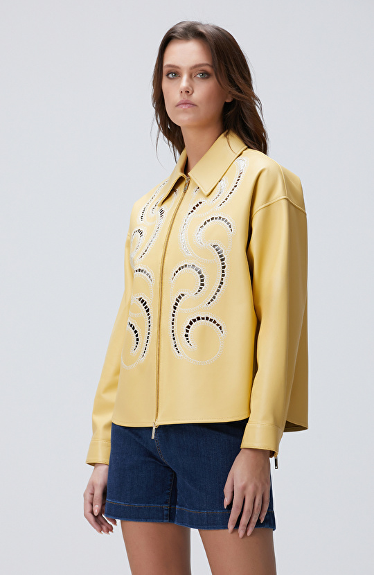 Limited Sarı Nakışlı Deri Mont