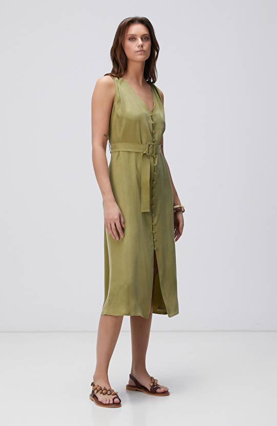 Yağ Yeşili Midi Elbise