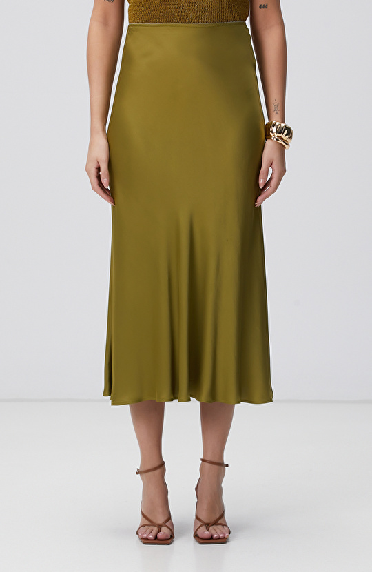 Yağ Yeşili Maxi Saten Etek