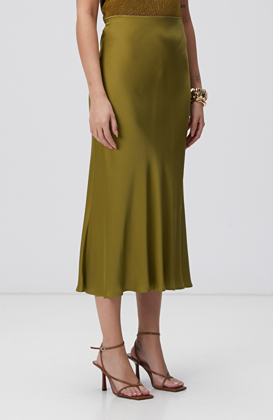 Yağ Yeşili Maxi Saten Etek