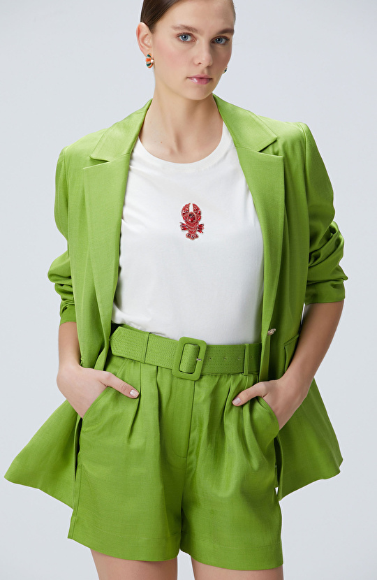 Fıstık Yeşili Keten Karışımlı Şort