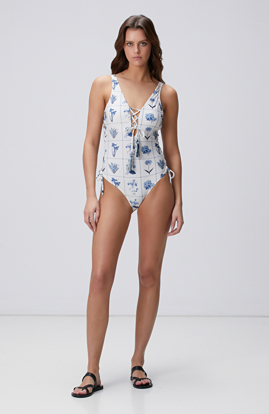 Ekru Çiçek Desenli Mayo