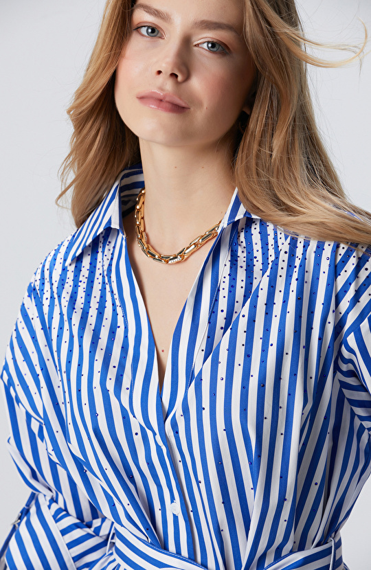 Saks Beyaz Taş Baskılı Midi Elbise