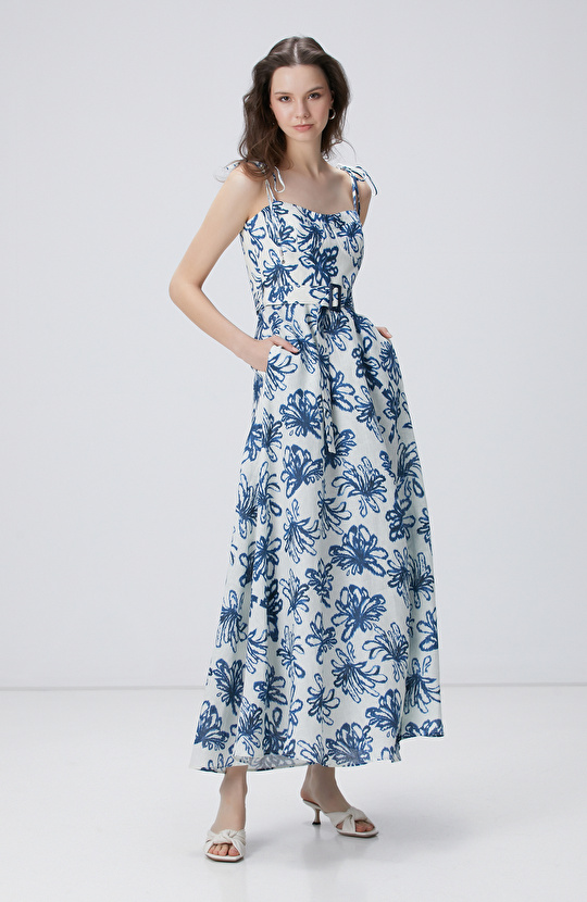 Mavi Maxi Keten Elbise