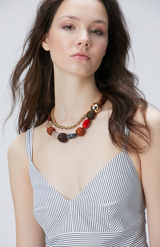 Lacivert Kırık Beyaz Çizgili Midi Elbise