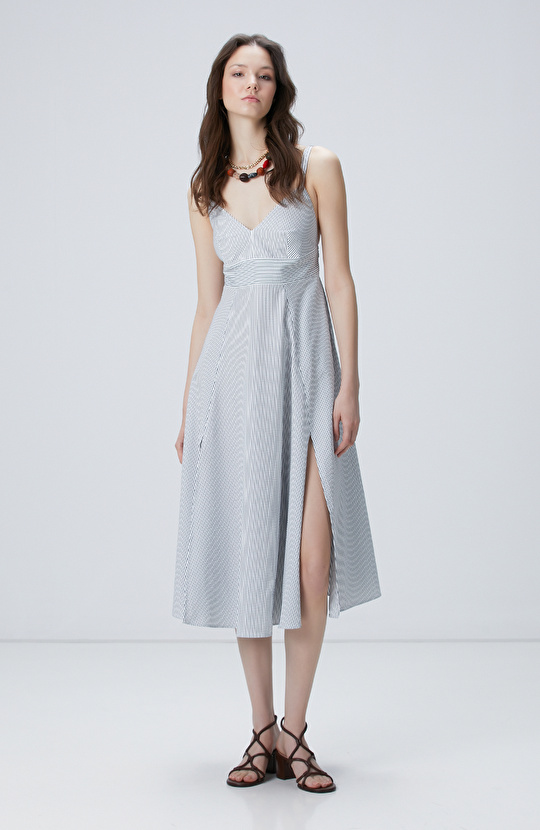 Lacivert Kırık Beyaz Çizgili Midi Elbise