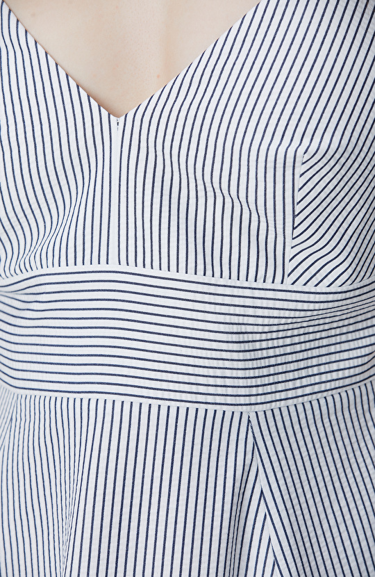 Lacivert Kırık Beyaz Çizgili Midi Elbise