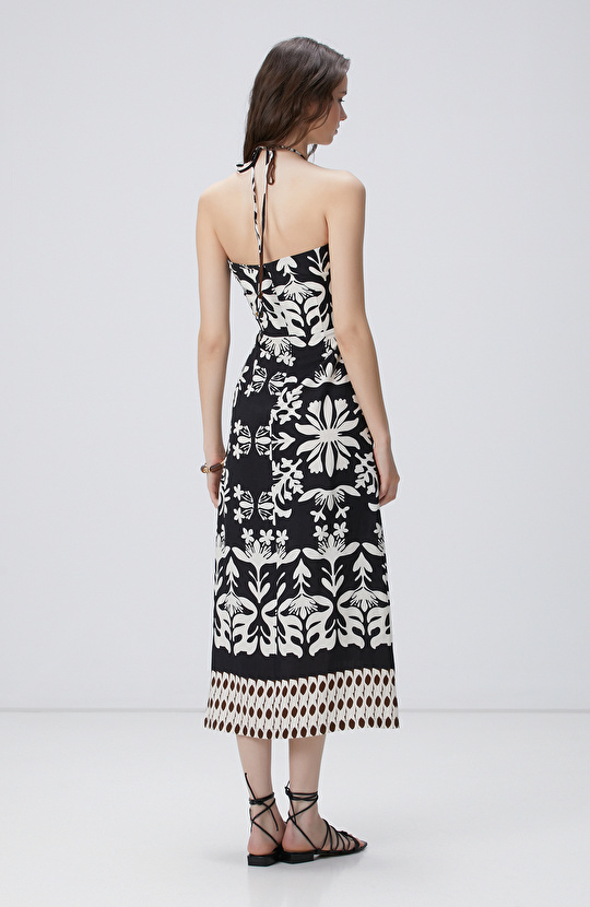 Siyah Beyaz Desenli Keten Midi Elbise