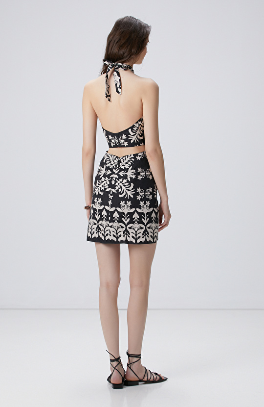 Siyah Beyaz Mini Keten Elbise