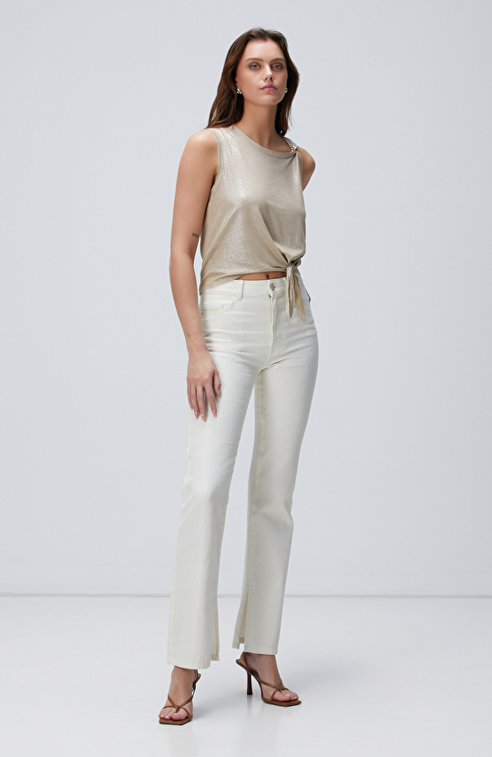 Bej Keten Karışımlı T-shirt