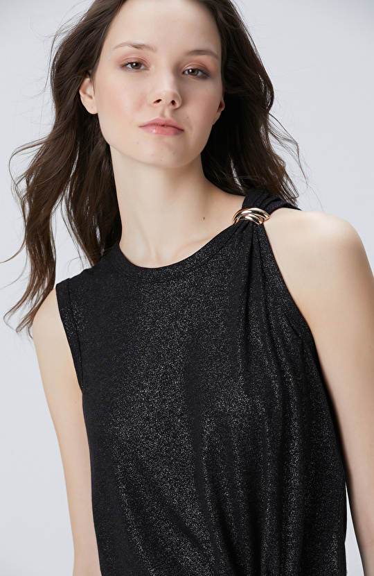 Siyah Varaklı Keten Karışımlı T-shirt