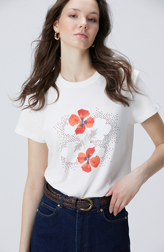 Kırık Beyaz Baskılı T-shirt Kırık Beyaz Baskılı T-shirt
