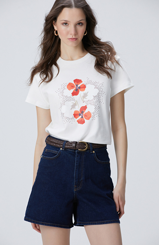 Kırık Beyaz Baskılı T-shirt