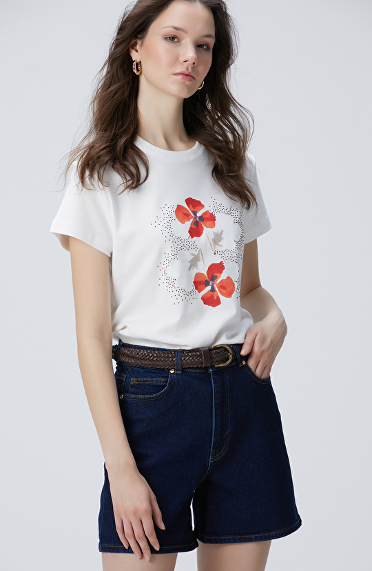 Kırık Beyaz Baskılı T-shirt