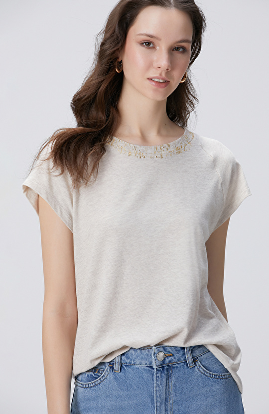 Bej Melanj Varak Baskılı T-shirt Bej Melanj Varak Baskılı T-shirt