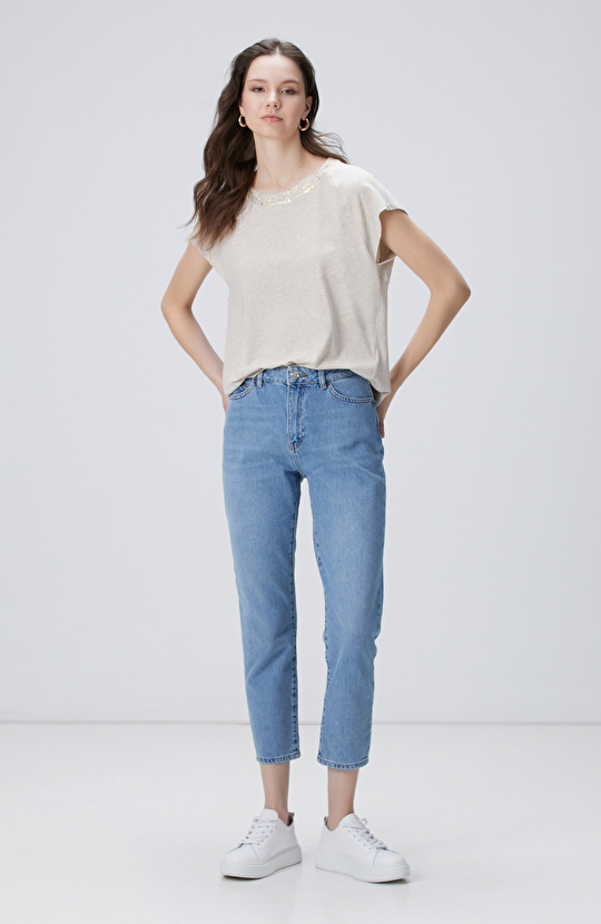 Bej Melanj Varak Baskılı T-shirt