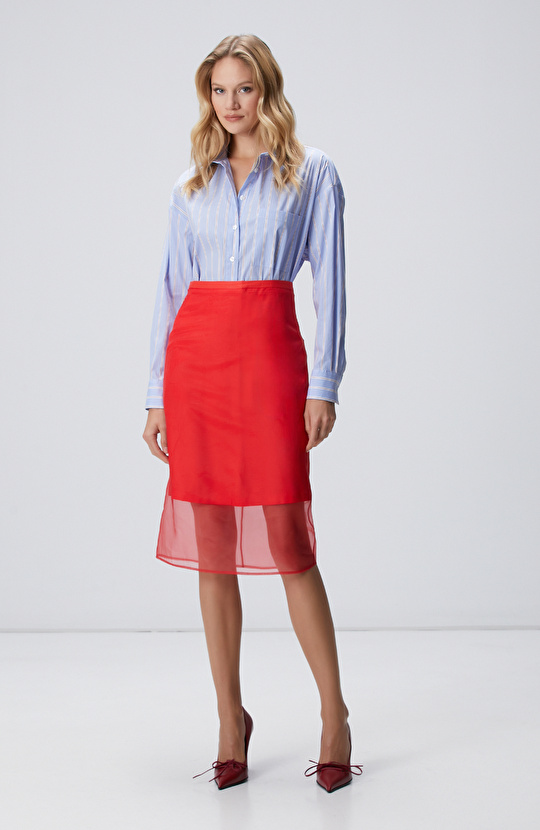 Kırmızı Midi Organze Etek