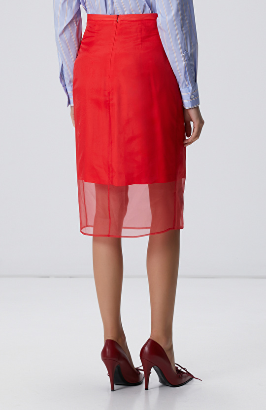 Kırmızı Midi Organze Etek