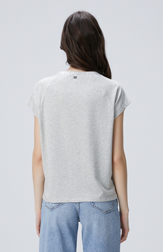 Gri Melanj Varak Baskılı T-shirt