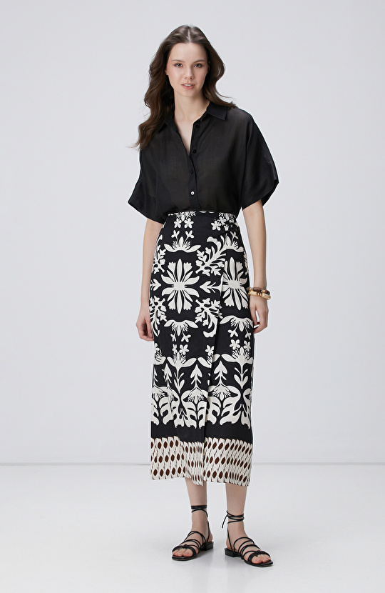 Siyah Beyaz Midi Keten Etek Siyah Beyaz Midi Keten Etek