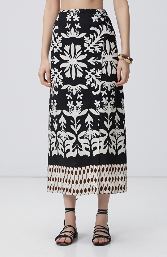 Siyah Beyaz Midi Keten Etek