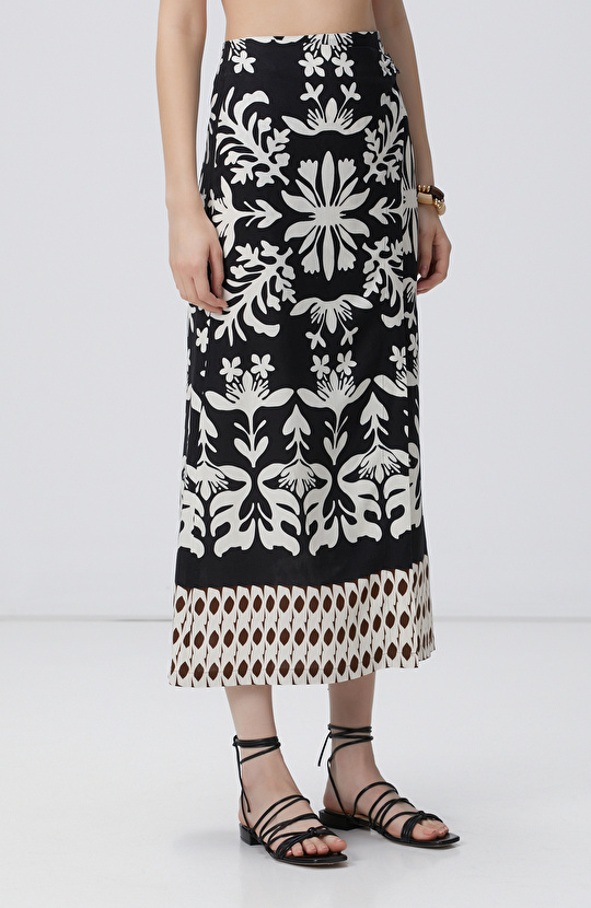 Siyah Beyaz Midi Keten Etek