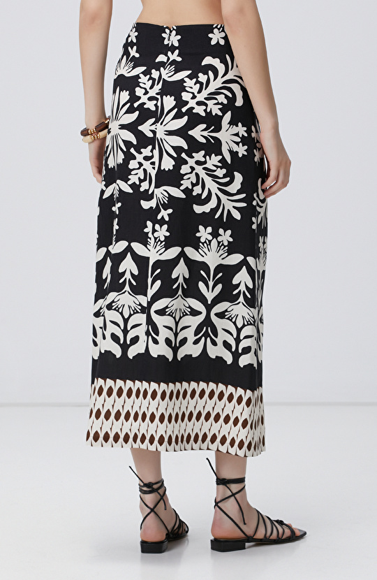 Siyah Beyaz Midi Keten Etek