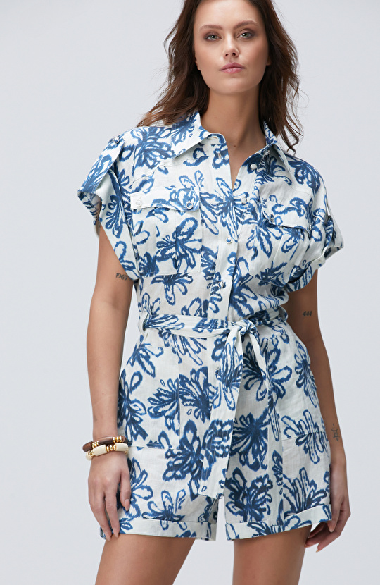 Mavi Desenli Keten Tulum