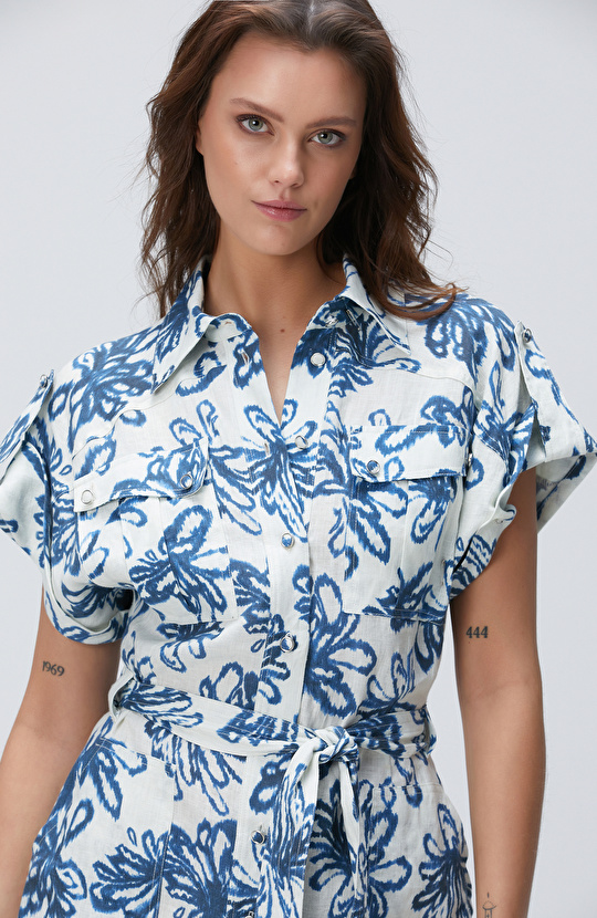 Mavi Desenli Keten Tulum