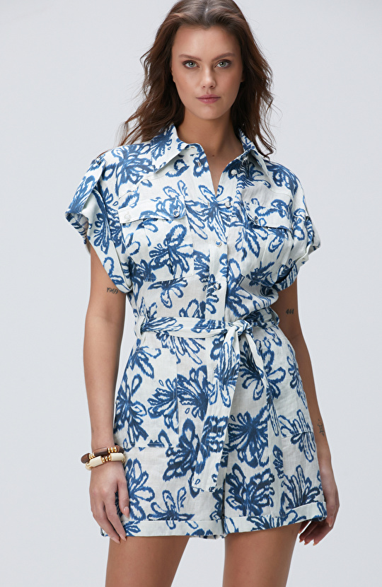 Mavi Desenli Keten Tulum