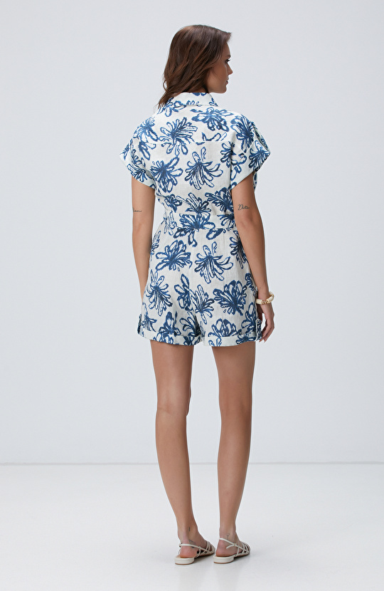 Mavi Desenli Keten Tulum