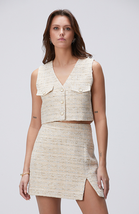 Limited Açık Bej Tweed Desenli Yelek