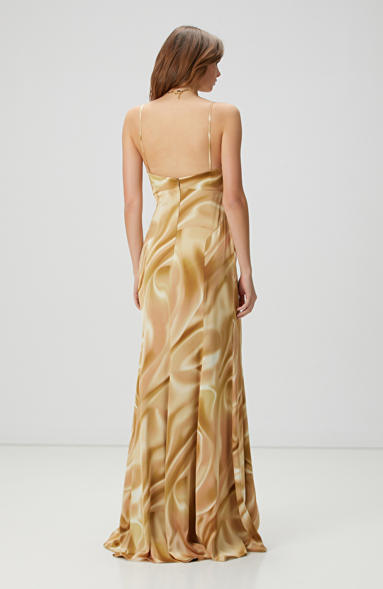 Bej Desenli Maksi Abiye Elbise