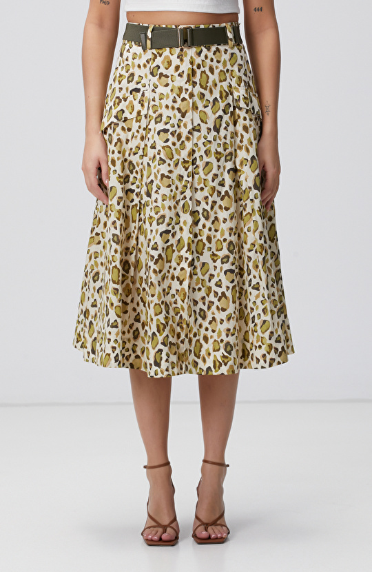 Yeşil Desenli Midi Etek