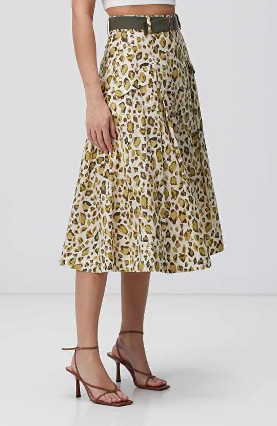 Yeşil Desenli Midi Etek