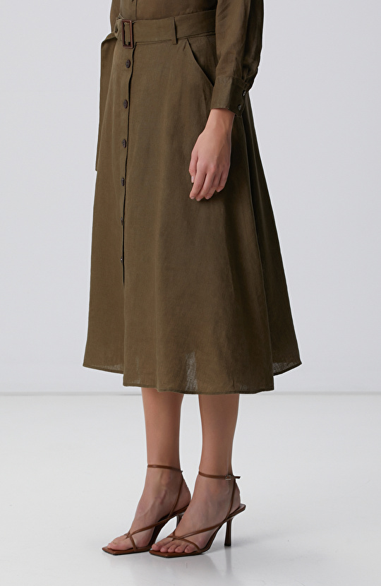 Haki Midi Keten Etek