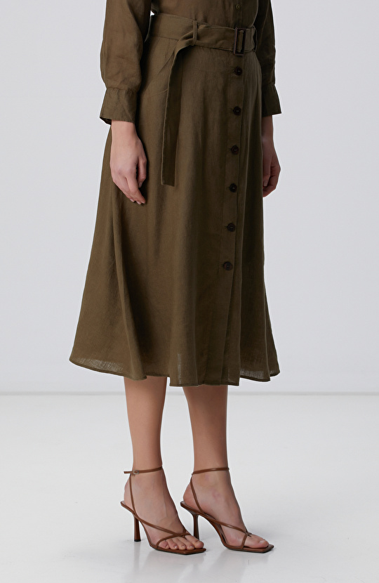 Haki Midi Keten Etek