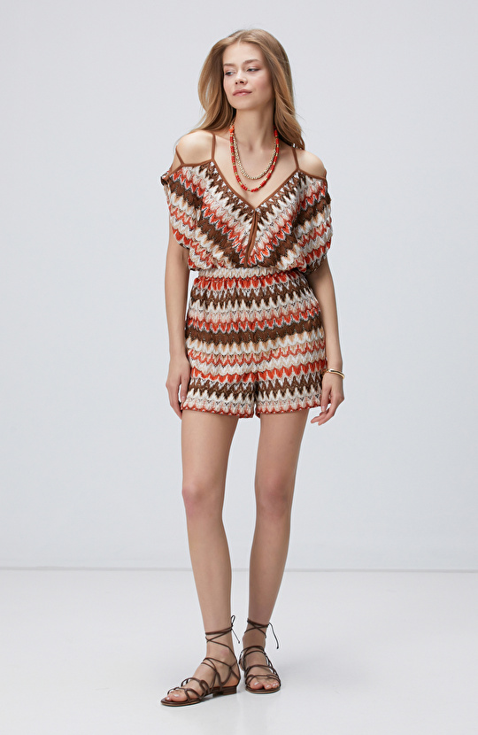 Kırık Beyaz Kahverengi Plaj Tulumu