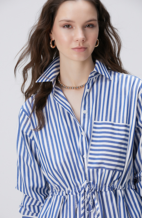 Mavi Beyaz Kısa Gömlek Elbise