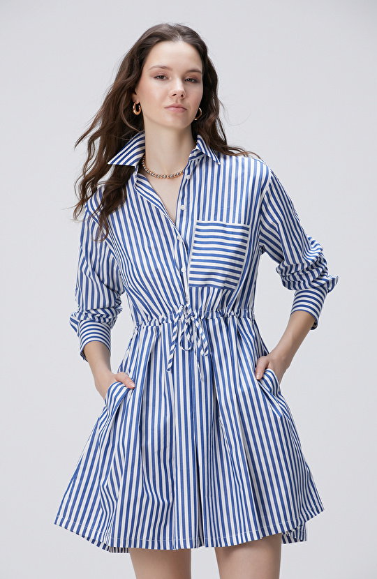 Mavi Beyaz Kısa Gömlek Elbise