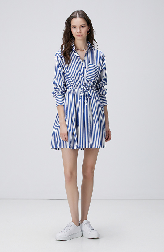 Mavi Beyaz Kısa Gömlek Elbise