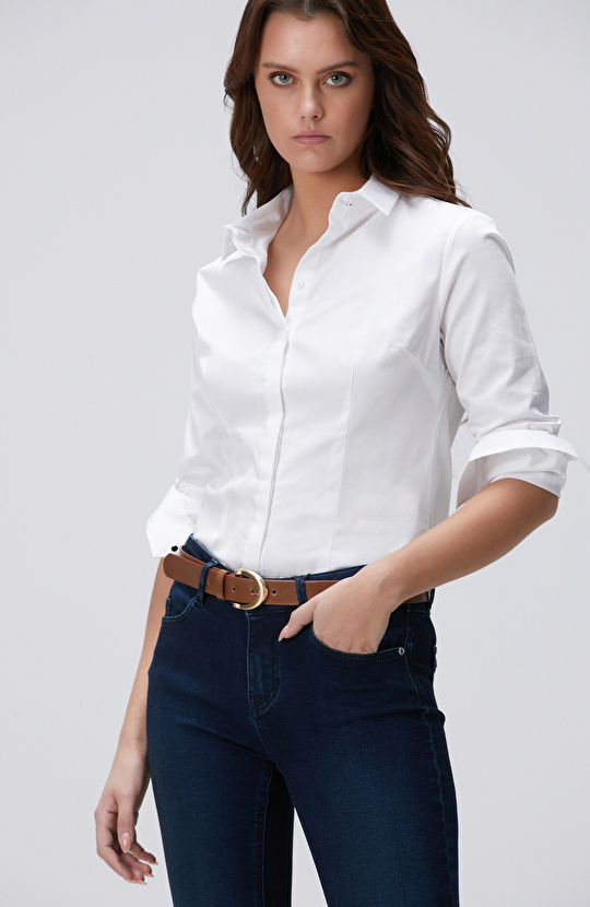 Beyaz Pamuk-Saten Basic Gömlek