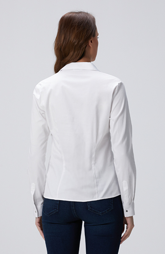 Beyaz Pamuk-Saten Basic Gömlek