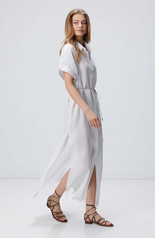 Beyaz Keten Plaj Elbisesi