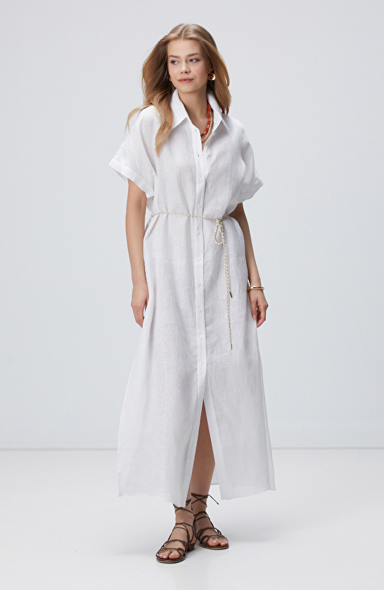 Beyaz Keten Plaj Elbisesi