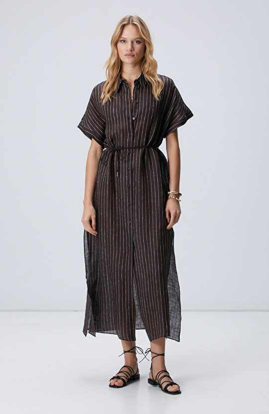 Kahverengi Çizgili Plaj Elbisesi