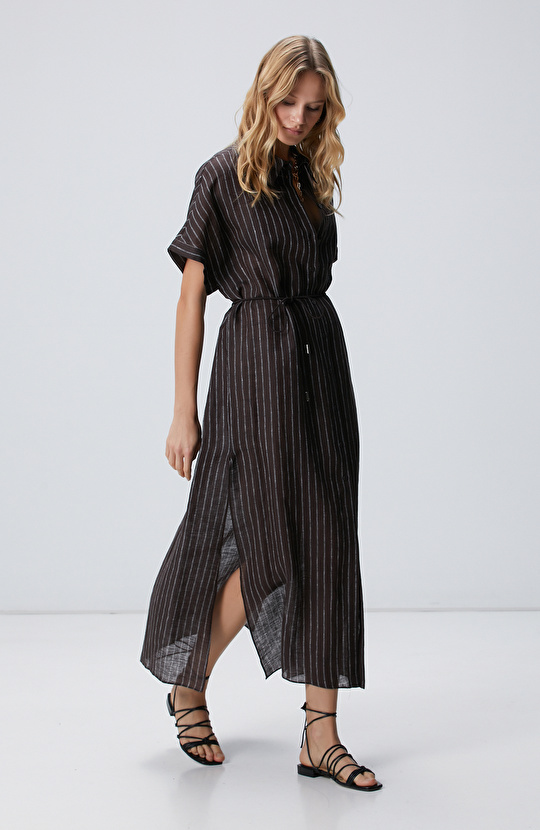 Kahverengi Çizgili Plaj Elbisesi