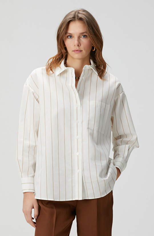 Bej Çizgili Keten Karışımlı Gömlek