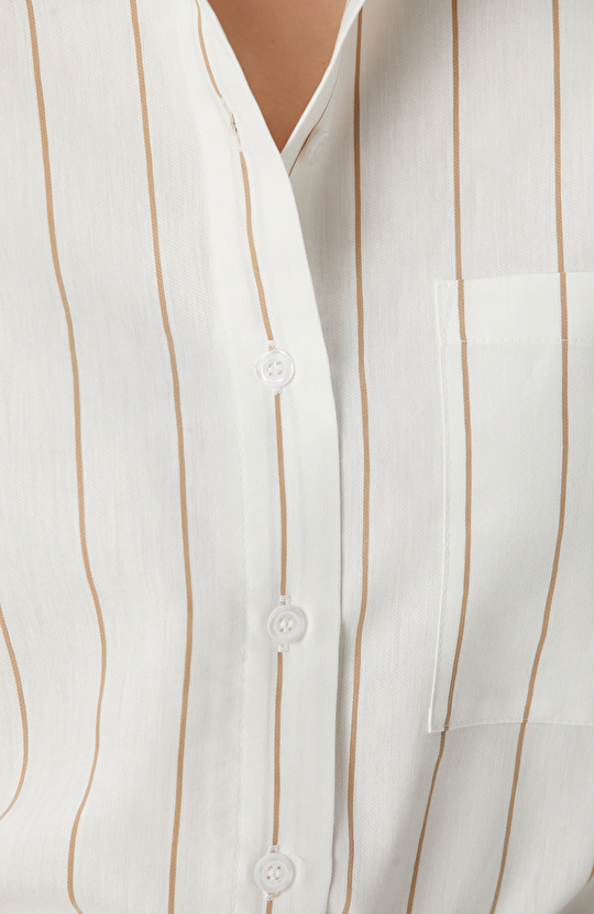 Bej Çizgili Keten Karışımlı Gömlek